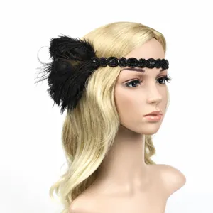 Vintage 1920er schwarzes Feder Stirnband Perlen Gatsby Haarschmuck Damen Hochzeit Party.