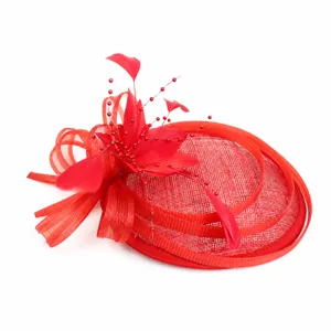 Red sinamay fascinator detail, feather and bead decoration for wedding party event hair clip.