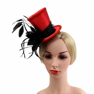 Red mini top hat hair clip with black feathers and mesh for party cosplay performance.