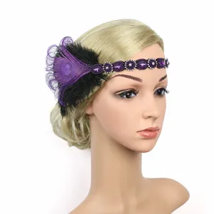 Vintage 1920er Jahre Flapper Stirnband mit lila Perlen Strass und Federn fur Damen Braut Party.