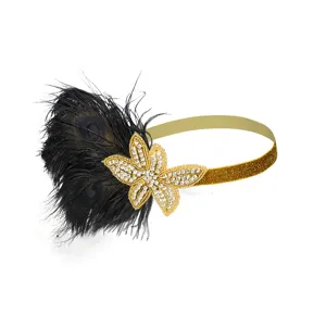 Vintage 1920s peacock feather rhinestone headband gold flapper hair accessory for party