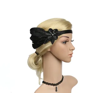 Retro black 1920s flapper feathered rhinestone headband and lace choker set for party cosplay.