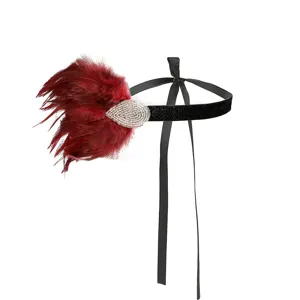 Diadema vintage de plumas con decoración de gota de cristal y cinta negra elegante.