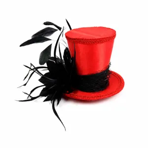 Detailed view of red mini top hat with black feathers and mesh for party costume accessories.