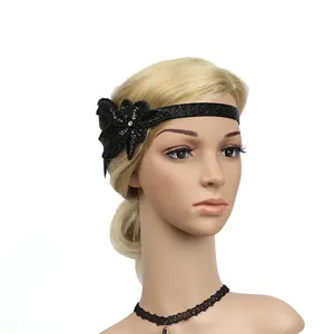 Black 1920s Flapper Headband Beaded Sequin Feather Hair Band Vintage Prom Party Headwear