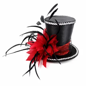 Halloween party mini top hat feather mesh hair clip gothic black red costume accessory detail