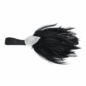 Cinta para el pelo con plumas negras vintage de los años 20 con elástico brillante y strass.