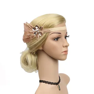 Vintage 1920s Flapper Feather Headband Rhinestone Sequin Hair Band Party Accessory