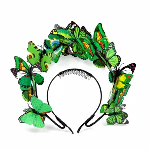 Green butterfly headband detail shot, featuring multiple 3D butterflies and hair comb design.
