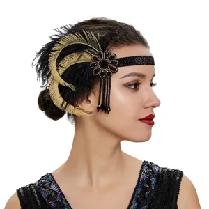 Vintage Gatsby Feder Stirnband Strass Quaste Flapper Kopfschmuck Für Damen Roaring Party Haar-Accessoires Aufführung