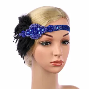 Fascia per capelli vintage anni 1920 con piume e strass blu cristallo per festa.