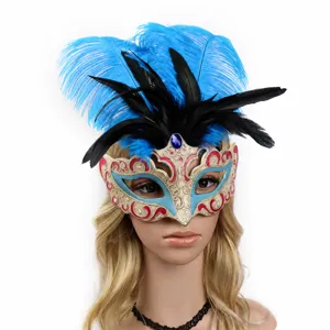 Feather masquerade mask detail showing ornate lace patterns and vibrant blue feathers for parties.
