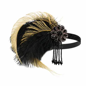 1920er Vintage Flapper Feder Stirnband Schwarz Gold Art Deco Haarschmuck Party Neu