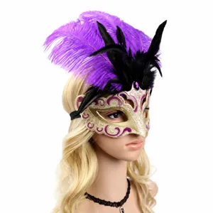 Exquisite feather masquerade mask with purple and black feathers, gold patterns and rhinestone.