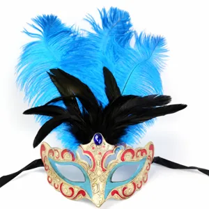 Masquerade feather mask for party halloween costume, blue and black feathers with gem decoration.