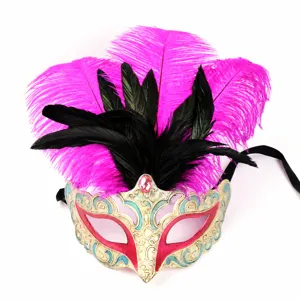 Close-up detail of vintage masquerade feather mask with pink and black feathers and gems.