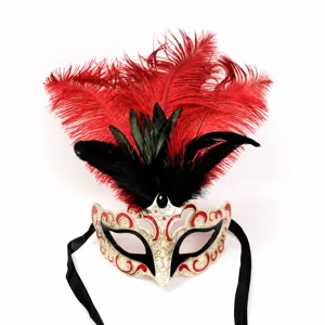 Masquerade feather mask for Halloween party costume, elegant red and black design with ribbons.