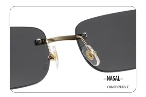 Primo piano dettagliato degli occhiali da sole senza montatura con elegante ponte nasale.