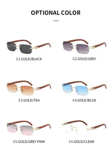 Occhiali da sole senza montatura alla moda con stanghette in legno e lenti sfumate colorate.