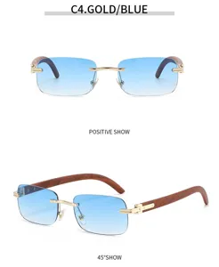 Vista dettagliata degli eleganti occhiali da sole da uomo senza montatura con lenti blu.