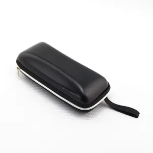 Etui à lunettes de soleil rigide noir avec fermeture éclair blanche et sangle portable pour voyage