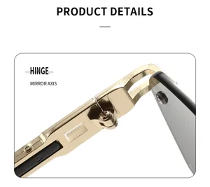 Close-up of metal sunglasses hinge and mirror axis structure detail, premium golden design.