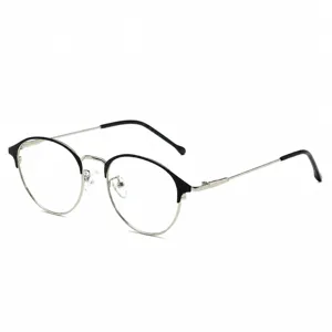 Anti-blue light half-frame glasses frame, stylish metal silver and black optical eyewear for daily wear.