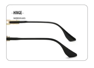 Close-up detail of sunglasses metal hinge and black temples, showing exquisite craftsmanship.