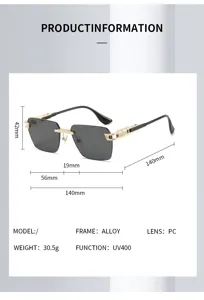 Frameless metal sunglasses with UV400 protection, stylish alloy frame and PC lenses.