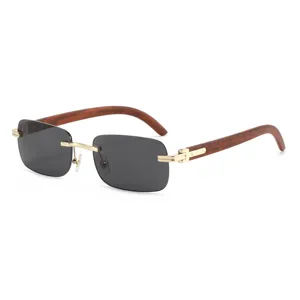 Occhiali da Sole Quadrati Senza Montatura da Uomo Lusso Stanghette in Legno Bordo Taglio Diamante Protezione UV400 Occhiali da Sole Moda