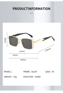Lunettes de soleil carrées vintage en métal pour hommes avec protection UV400 et monture en alliage.