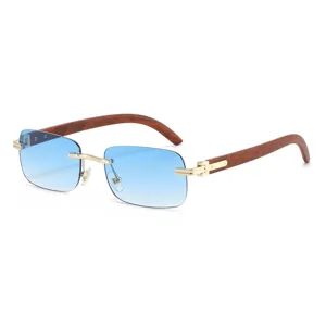 Occhiali da sole uomo senza montatura lenti sfumate blu stanghette in legno lusso