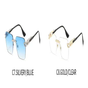 Detailed view of stylish rimless sunglasses featuring gradient blue and clear lenses.