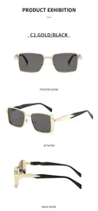 Vue détaillée de lunettes de soleil vintage carrées en métal avec monture dorée et noire.