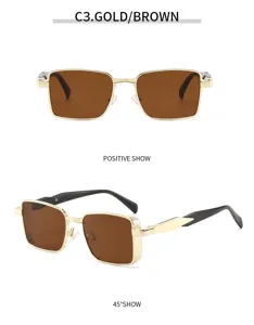 Lunettes de soleil carrées vintage en métal pour hommes et femmes, monture dorée chic.