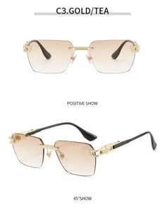 Detailed view of luxury gold rimless gradient sunglasses, showcasing exquisite metal hinge design.