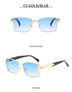 Lunettes de soleil rétro carrées en métal avec verres dégradés bleus pour homme et femme.