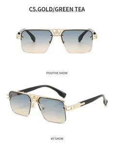 Occhiali da sole vintage semi-montatura da uomo con lenti sfumate e montatura in metallo oro.