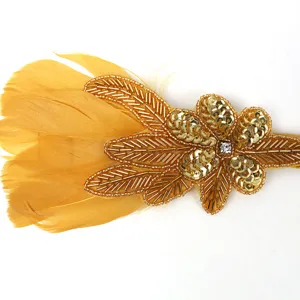 Gold feather sequin headband detail, vintage Gatsby hair accessory for party prom show.