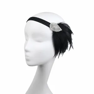 Diadema de plumas vintage de los años 20 con accesorio de cristal elástico para fiesta