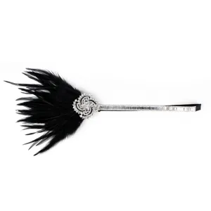 Gros plan détail de la plume noire et du serre-tête cloche en cristal strass scintillant.