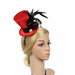 Vintage Red Mini Top Hat Fascinator Headband With Black Feather Bow Rhinestone Artificial Pearl Magic Hat For Women Party Banquet Headwear