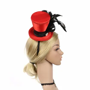 Red feather bow mini top hat headband detail view for party and festival costume wear.