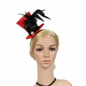 Red mini top hat with black feathers bow pearl brooch for party festival hair accessory 1pc