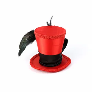 Red mini top hat featuring black feather and decorative trim, perfect for parties and events.