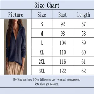 Size chart detail showing measurements and fit guide for the half-zip knitted sweater.