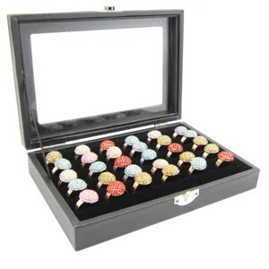 Black PU Leather Jewelry Display Tray With Clear Glass Lid Velvet Ring Earring Storage Box Organizer Showcase Holder