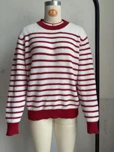 Casual red and white striped knit sweater with contrast cuffs, cozy round neck top for women.