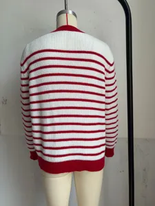 Back view details of a casual striped knit sweater with contrast cuffs and crewneck.