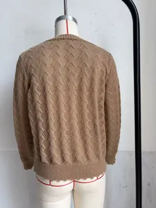 Women khaki cable knit cardigan sweater short hollow out knitted top casual chic outerwear